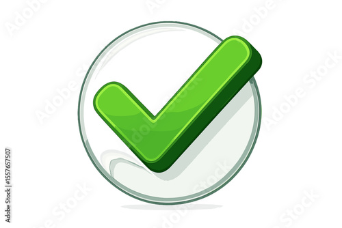 3D green check mark icon in circle. Glossy tick symbol for success, approval, and confirmation. Vector illustration of a correct, yes, and ok button isolated on white background.