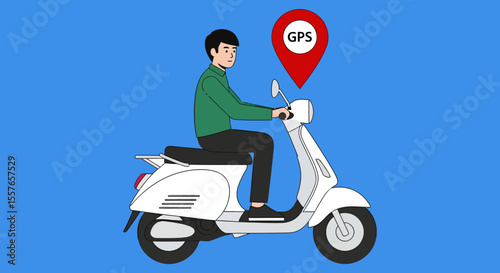 Cartoon man riding a white scooter with a GPS location marker.