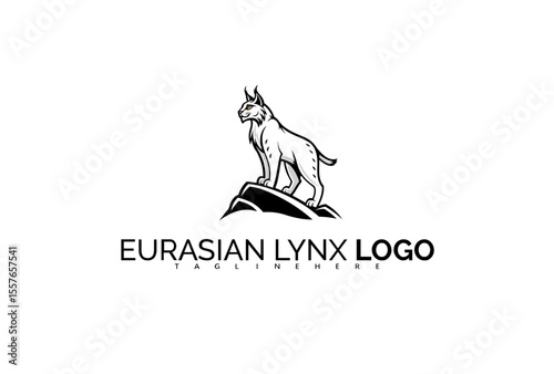 Bold Eurasian Lynx Logo Design Featuring Double Exposure Forest Elements. Designed for Wilderness Protection Brands, Environmental Activism, and Wildlife Merch.

