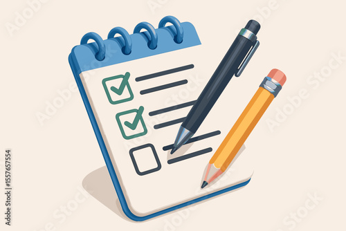 3D checklist notepad and pen icon. Task management and to-do list concept. Filling out a survey form, questionnaire or exam. Project planning, organization, and productivity symbol. Vector.