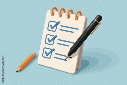 3D checklist on spiral notepad with pen ticking a checkbox. Concept of task management, productivity, goal setting, and successful completion. To-do list for project planning, survey, or exam.