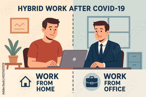 Hybrid work model concept. Businessman choosing between remote work from home or returning to the office. Employee making a decision about the future of work. Vector illustration.