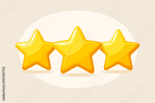 Three star quality rating vector illustration. 3D realistic golden yellow glossy stars for customer feedback, satisfaction survey, and product review. Achievement and evaluation icon.