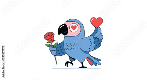 A Blue Parrot with a Red Rose and a Heart Symbolizing Love and Affection
