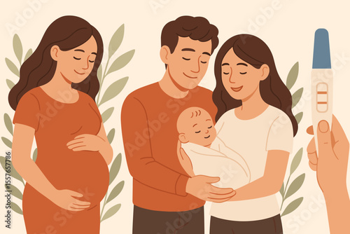 Pregnancy journey concept showing stages of parenthood. From positive pregnancy test to maternity and holding a newborn baby. Happy family with mother, father, and child. Vector.