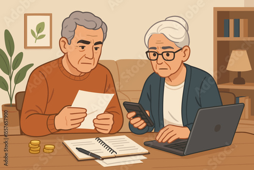 Stressed senior couple planning their retirement finances at home. Worried elderly man and woman reviewing bills, using a laptop and calculator to manage their budget and savings.