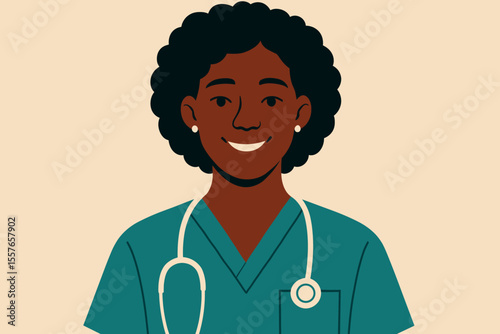 Portrait of a friendly African American female nurse or doctor in scrubs with a stethoscope. Smiling Black woman medical professional. Healthcare and medicine vector concept.