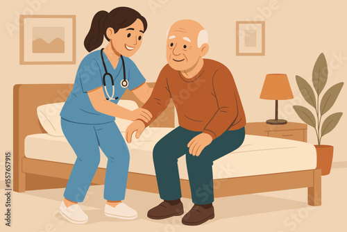 Nurse assisting elderly man get up from bed. Friendly caregiver providing support to a senior patient in a nursing home. Healthcare, assisted living, and geriatric care concept.