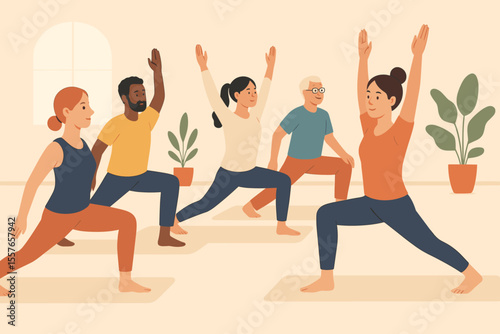 Group of diverse multiethnic people in yoga class. Men, women, and senior practicing warrior pose asana. Concept of wellness, fitness, healthy lifestyle, mindfulness, and community.