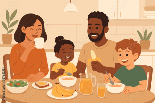 Happy diverse family eating breakfast together in the kitchen. Multicultural parents with son and daughter enjoying a healthy meal. Morning routine and togetherness concept vector.