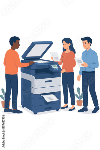 Office teamwork collaboration at multifunction printer scanner. People printing, copying, scanning documents. Modern business workplace technology. Flat vector illustration on white background.