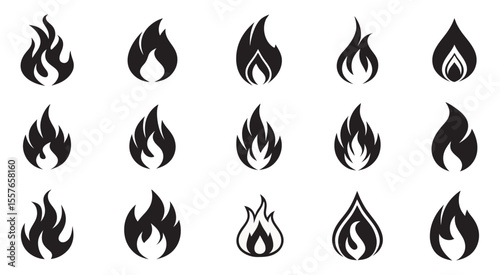 Set of 15 Black Flame Silhouettes – Stylized Fire Icons for Graphic Design and Vector Illustration