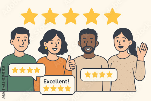 Customer reviews rating five stars. Diverse group of happy people give positive feedback. Concept of client satisfaction, testimonials, and excellent user experience for business.