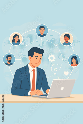 Customer Relationship Management concept. Businessman at laptop managing global customer network. CRM technology for data exchange, marketing strategy, and client service support.