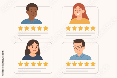 Customer reviews concept with diverse people giving five star ratings. Positive feedback and client testimonials for business satisfaction. User experience, quality service evaluation vector.