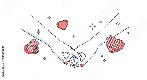 Two Hands Holding Together Surrounded by Hearts and Sparkles for a Special Romantic Moment
