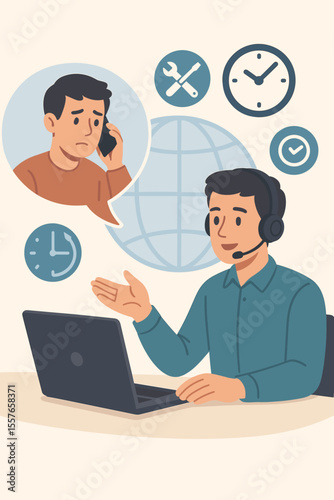 Customer service hotline operator advising client, online global technical support 24/7, remote helpdesk, troubleshooting, communication, call center, modern flat vector illustration