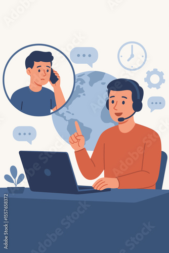 Global customer service support concept. Male hotline operator with headset advises client via laptop and phone. Online technical assistance, communication, 24/7 helpdesk, flat vector illustration