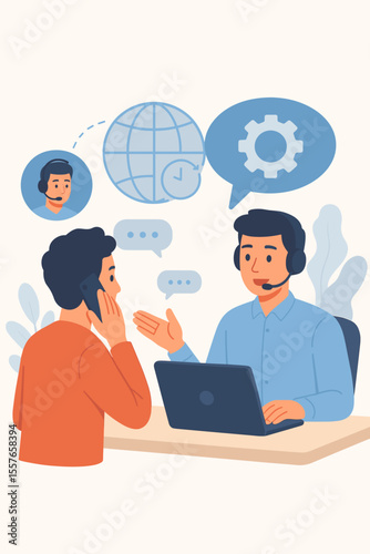Customer service hotline operator advising client, global online technical support, 24/7 help desk, call center consultation, communication, headset, teamwork, modern vector illustration