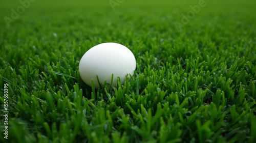 Simple white egg lying centrally on vibrant green artificial grass in outdoor daylight, high angle view, single object, still life