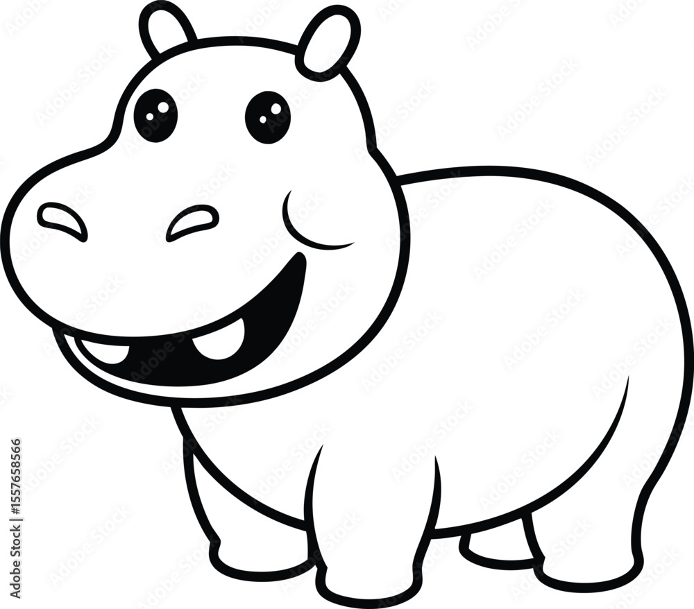 Fototapeta premium A cute baby hippo and rhino cartoon illustration, a fun wild animal vector drawing for your safari and zoo wildlife nature art