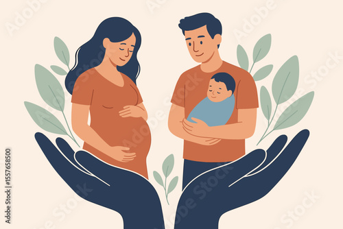 Family insurance, pregnancy, and motherhood concept. Young couple expecting baby, pregnant woman with belly, father holding newborn, protection, parental care, leaves, vector illustration