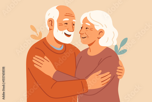 Happy senior couple in love hugging. Elderly man and woman embrace. Relationship, family, retirement, and togetherness concept. Modern flat vector cartoon character illustration.