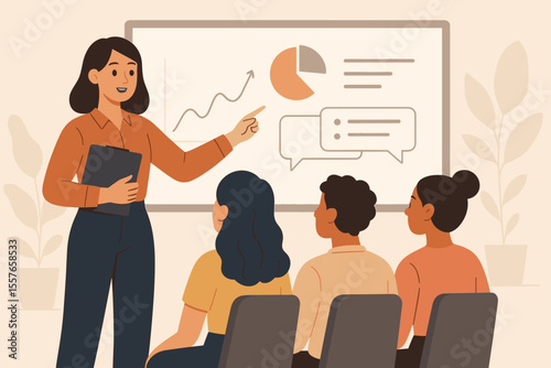 Businesswoman presenting project strategy on a whiteboard with charts. Female team leader coaching diverse staff at a corporate meeting. Business training seminar. Flat vector illustration.