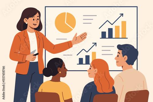 Corporate presentation with a female leader explaining business strategy to a diverse team. Speaker at a seminar analyzing sales data, financial growth charts, and graphs on a board.