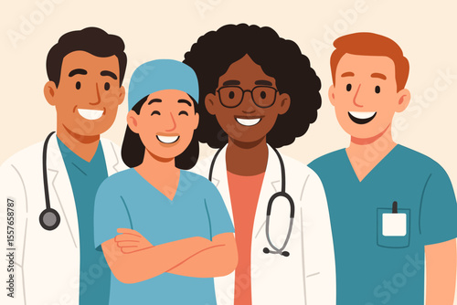 Diverse medical team of doctors and nurses. Happy multiethnic group of healthcare professionals. Hospital staff and medicine concept. Flat cartoon character vector illustration.