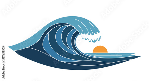 Majestic Ocean Wave Crashing at Sunset with Tropical Island Horizon View