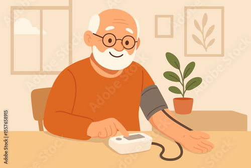 Happy senior man checking his blood pressure at home with a digital monitor. Elderly male health care and medical checkup concept. Hypertension prevention and cardiology. Cartoon vector illustration.