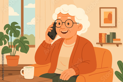 Happy senior woman talking on mobile phone at home. Elderly grandmother having a pleasant conversation on a smartphone in a cozy living room. Modern flat vector cartoon illustration.