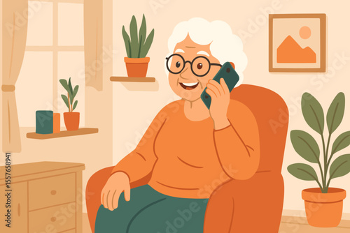 Happy senior woman talking on mobile phone at home. Elderly grandmother smiling, enjoying conversation. Modern retirement lifestyle concept with technology. Flat vector illustration.