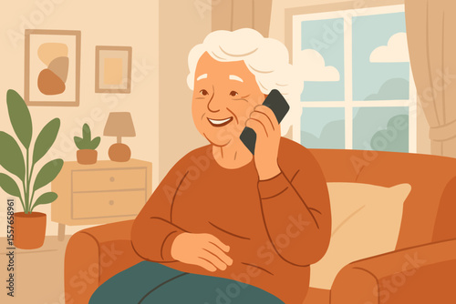 Happy senior woman talking on smartphone at home. Elderly grandmother smiling on couch enjoying pleasant conversation. Retired person using modern technology for communication.