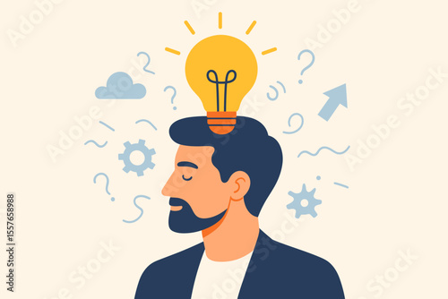 Creative brainstorming concept with light bulb above head, innovative thinking, problem solving, leadership, project management, idea generation, out of the box solution, vector illustration