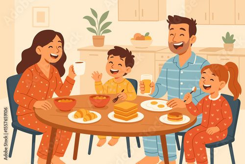 Happy family in pajamas having breakfast together. Joyful morning routine with parents and kids eating at the kitchen table. Home lifestyle concept. Flat cartoon vector illustration.