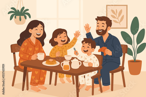 Happy family having breakfast together in pajamas. Joyful parents with kids eating morning meal at the kitchen table. Mother, father, son, daughter bonding. Flat cartoon vector.