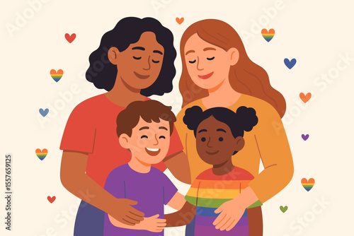 Multiracial lesbian family. Two mothers with children. Happy LGBTQ couple with adopted son and daughter. Same-sex parenting concept. Diversity, inclusion, love, and equality. Pride.