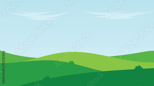 Cartoon Green Hills Vector Background. Blue Sky and Wispy Clouds Illustration