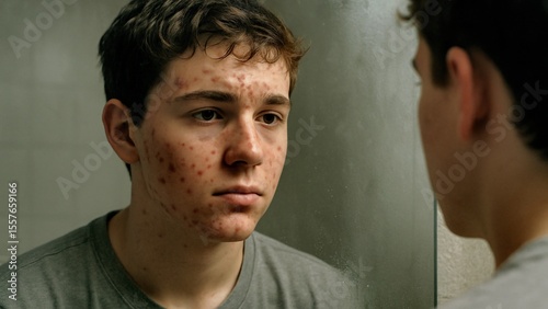 Sad teenage boy with problematic skin examining his pimples in the bathroom mirror, feeling the weight of insecurity and concern over his complexion during challenging puberty years