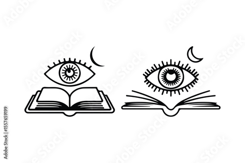 Eye Book Logo with Crescent Moon Symbol Esoteric Knowledge Illustration
