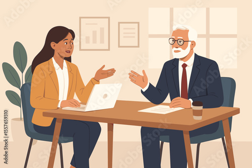Business meeting concept with businesswoman and senior male manager. Job interview, mentorship, or financial consultation. Corporate professionals collaborating in an office. Vector.