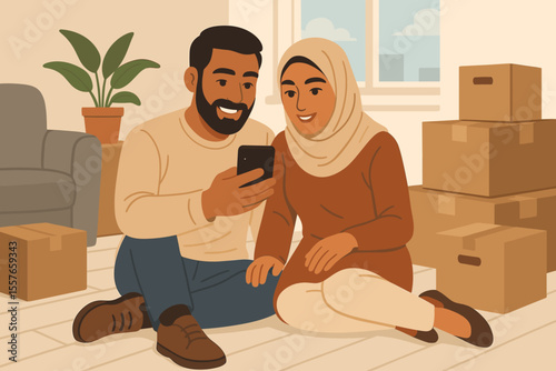 Happy Middle Eastern couple taking a break while moving. Young Muslim family in new home with cardboard boxes, sitting on floor together and looking at smartphone. Vector illustration.
