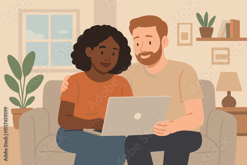 Multiethnic couple using laptop at home. Happy interracial man and woman sitting on sofa browsing internet, shopping online or watching a movie. Cozy living room vector illustration.
