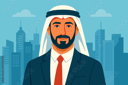 Portrait of a successful Arab businessman in traditional ghutra and business suit. Middle Eastern professional man character. Vector flat illustration with modern city skyline background.