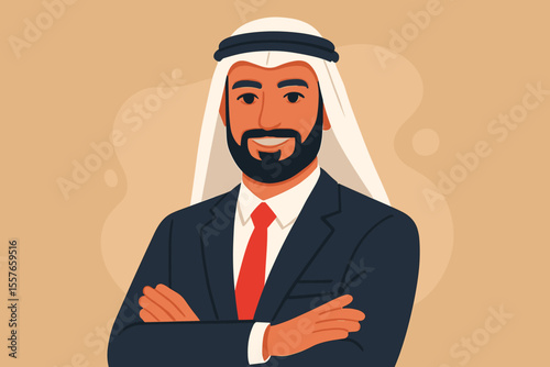 Smiling Arab businessman in traditional keffiyeh headdress and modern suit. Confident Middle Eastern entrepreneur with arms crossed. Successful corporate leader vector illustration.