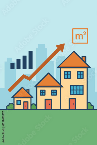 Real estate business concept with a rising house market. Increasing home value, property prices, and square meters. Financial investment growth graph with upward arrow. Vector.