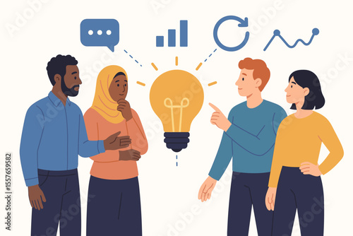 Diverse team brainstorming creative ideas, referral marketing strategy, loyalty program, customer acquisition, business promotion, teamwork, collaboration, modern flat vector illustration