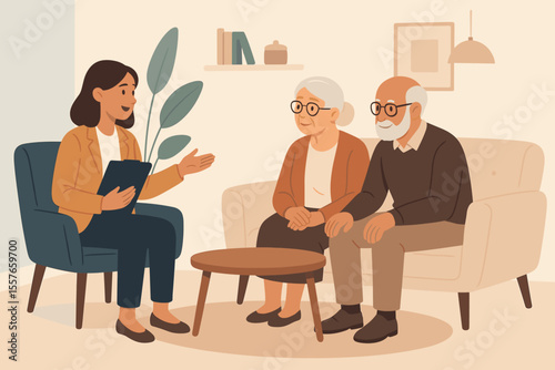 Senior couple counseling session with social worker advisor. Elderly support, therapy, consultation, mental health care, retirement planning. Modern flat vector illustration, cozy office interior.